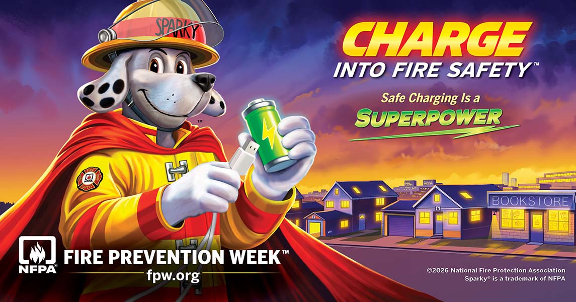 A Dalmatian firefighter dog with the name Sparky on the helmet holds a green battery and USB cable; poster urges safe charging to prevent fires.